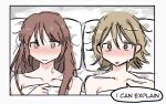  2girls after_sex bed_sheet blush brown_hair closed_mouth ear_blush english_text highres light_brown_hair lying multiple_girls naked_sheet on_back original parted_lips pillow short_hair smile snale sweat sweatdrop under_covers yuri 