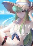  1girl absurdres bangs beach bikini blue_sky blurry blurry_background breasts budgiepon c.c. cleavage closed_mouth code_geass collarbone collared_shirt day floating_hair front-tie_bikini_top front-tie_top green_hair hair_between_eyes hat highres long_hair medium_breasts outdoors sarong see-through see-through_shirt shirt short_sleeves sky solo straw_hat sun_hat swimsuit thigh_strap tied_shirt very_long_hair white_bikini wing_collar yellow_eyes 