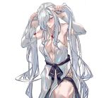 1girl arknights bangs bare_shoulders black_nails blush breasts bridal_gauntlets cleavage commentary detached_sleeves dress fingernails gladiia_(arknights) grey_hair hair_over_one_eye holding holding_hair long_hair mirrorwu off-shoulder_dress off_shoulder one_eye_covered red_eyes simple_background thighs very_long_hair white_background white_dress 