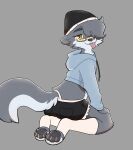  absurd_res andromorph_(lore) anthro beanie bottomwear canid canine clothing crop_top eyewear footwear fox froskury girly glasses hat headgear headwear hi_res intersex_(lore) male mammal noan pawpads shirt shorts socks solo tongue topwear 