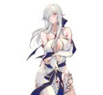  1girl arknights bangs bare_shoulders blue_ribbon breasts bridal_gauntlets cleavage collarbone commentary detached_sleeves dress gladiia_(arknights) grey_hair hair_over_one_eye hair_ribbon long_hair mirrorwu off-shoulder_dress off_shoulder one_eye_covered pointy_ears red_eyes ribbon simple_background solo white_background white_dress 