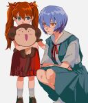  2girls a12740807 ayanami_rei blue_eyes blue_hair brown_footwear female_child multiple_girls neon_genesis_evangelion red_eyes red_ribbon ribbon school_uniform short_hair simple_background size_difference souryuu_asuka_langley stuffed_animal stuffed_monkey stuffed_toy tokyo-3_middle_school_uniform white_background 