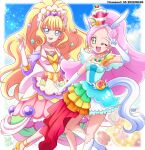  2022 2girls :d ;d animal_ears armpits blonde_hair blue_eyes blue_hairband blush bridal_gauntlets choker clothing_cutout collarbone cure_finale cure_parfait dated delicious_party_precure diadem dress elbow_gloves fake_animal_ears gloves green_eyes hairband hanzou hat high_heels high_ponytail highres horse_ears horse_tail jewelry kirakira_precure_a_la_mode layered_dress layered_skirt long_dress long_hair looking_at_viewer mini_hat miniskirt multiple_girls necklace one_eye_closed pink_choker pink_hair precure pumps shoulder_cutout skirt smile socks standing tail twitter_username very_long_hair white_gloves white_socks yellow_footwear 
