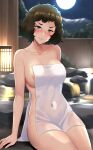  1girl areola_slip black_hair blush breasts brown_eyes covered_navel english_commentary highres lainart medium_breasts naked_towel onsen parted_lips persona persona_5 sitting solo towel 