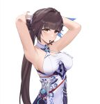  1girl 2022 absurdres adjusting_hair armpits arms_behind_head artist_name bangs breasts brown_eyes brown_hair chinese_clothes cleavage cleavage_cutout closed_mouth clothing_cutout fled highres honkai_(series) honkai_impact_3rd li_sushang li_sushang_(jade_knight) long_hair looking_at_viewer simple_background sleeveless solo upper_body white_background 