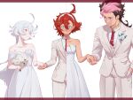  1boy 2girls absurdres ahoge bare_shoulders blazer blue_eyes blush bouquet brown_hair cokio dress formal grey_eyes grey_hair grin guel_jeturk gundam gundam_suisei_no_majo hair_between_eyes hairband hand_in_pocket highres holding holding_bouquet holding_hands jacket long_hair medium_hair miorine_rembran mole mole_under_eye multicolored_hair multiple_girls necktie pink_hair red_hair smile split_theme suit suletta_mercury tuxedo two-tone_hair wavy_mouth wedding_dress white_background white_suit 