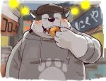  4_fingers anthro blush canid canine canis clothed clothing domestic_dog eating eyes_closed fingers fuku_(garouzuki) fully_clothed garouzuki hat headgear headwear husky jacket male mammal nordic_sled_dog outside overweight overweight_male solo spitz topwear 