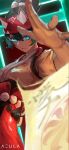  1girl absurdres artist_name az&#039;ruler blurry blurry_foreground bow breasts dutch_angle english_commentary facial_mark foreshortening fox_mask glowing glowing_eyes green_eyes green_hair hair_bow hakama half_mask highres japanese_clothes kimono kiriko_(overwatch) leaning_back looking_at_viewer mask ofuda overwatch overwatch_2 parted_lips red_background red_hakama rope_belt small_breasts solo throwing topknot torii white_kimono 