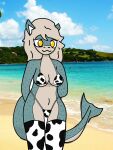  absurd_res animal_print anthro beach bikini clothing cow_print female fish hi_res humanoid marine seaside shark solo swimwear 