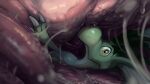  ambiguous_fluids anthro bodily_fluids claws endosoma green_body hi_res internal kobold looking_at_viewer male orange_eyes soft_vore solo sprout sprout_(character) vore 