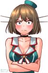  1girl bangs black_choker blue_eyes blue_headwear blush breasts brown_hair choker cleavage commentary_request constricted_pupils dated hair_ornament hat headgear izumikuma kantai_collection large_breasts looking_at_viewer maya_(kancolle) maya_kai_ni_(kancolle) raised_eyebrow short_hair simple_background sleeveless solo twitter_username upper_body white_background x_hair_ornament 