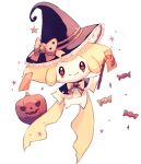 brown_eyes candy candy_cane candy_wrapper capelet closed_mouth commentary_request food hat hatted_pokemon holding jack-o&#039;-lantern jirachi no_humans pokemon pokemon_(creature) smile solo star_(symbol) su_(sajo_su5) witch_hat 