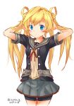  1girl abukuma_(kancolle) abukuma_kai_ni_(kancolle) bangs bike_shorts bike_shorts_under_skirt blonde_hair blue_eyes breasts closed_mouth commentary_request dated double_bun grey_sailor_collar grey_skirt hair_bun hair_rings hands_in_hair izumikuma kantai_collection long_hair looking_at_viewer pleated_skirt sailor_collar school_uniform serafuku short_sleeves simple_background skirt small_breasts solo twintails twitter_username white_background 