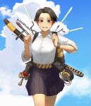  1girl belt belt_pouch black_eyes black_hair blue_skirt cloud collared_shirt cumulonimbus_cloud headphones highres kendama light_blush looking_at_viewer maker open_mouth original outdoors pleated_skirt pouch school_uniform shirt shirt_tucked_in short_hair skirt sky solo teeth tomboy tools toy uniform white_shirt 