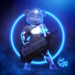 anthro blue_light bottomless chris_sutor clothed clothing cobalt_(chris_sutor) delos fog hi_res keyboard_instrument keytar looking_at_viewer male mammal metallic_clothing musical_instrument neon nipple_outline smoke solo spandex tight_clothing ursid 