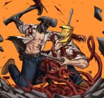  2boys battle belt blood brown_belt brown_footwear chainsaw_man demon_boy drill drill_hand english_commentary english_text fighting hammer holding holding_nail intestines multiple_boys nail no_eyes open_clothes open_mouth open_shirt orange_background original perry_bible_fellowship redrawn shirt shoes single_hand slapknutts sleeves_rolled_up speech_bubble suspenders teeth utility_belt white_shirt 