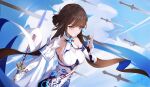  1girl absurdres bangs bare_shoulders blue_sky breasts brown_eyes brown_hair chinese_clothes cleavage cleavage_cutout closed_mouth clothing_cutout cloud cloudy_sky elbow_gloves fingerless_gloves gloves hair_ornament highres holding holding_sword holding_weapon honkai_(series) honkai_impact_3rd li_sushang li_sushang_(jade_knight) long_hair looking_at_viewer ooo_wange sky sleeveless solo sword weapon white_gloves 