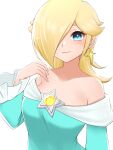  1girl bare_shoulders blonde_hair blue_eyes closed_mouth earrings hair_over_one_eye highres jewelry long_sleeves looking_at_viewer mario_(series) medium_hair rosalina simple_background smile solo star_(symbol) star_earrings super_mario_galaxy tomatomiya upper_body white_background 