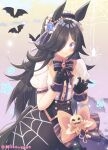  1girl animal_ears bangs bat_(animal) bat_wings black_gloves black_hair black_hairband black_wings blue_flower blue_rose bow bug center_frills closed_mouth commentary fang flower frilled_hairband frilled_sleeves frills gloves hair_over_one_eye hairband halloween high-waist_skirt highres hiiro_yuya horse horse_ears horse_girl horse_tail jack-o&#039;-lantern_ornament long_bangs long_hair looking_at_viewer make_up_in_halloween!_(umamusume) medium_skirt official_alternate_costume orange_bow puffy_short_sleeves puffy_sleeves purple_eyes rice_shower_(make_up_vampire!)_(umamusume) rice_shower_(umamusume) rose shirt short_sleeves silk skin_fang skirt smile solo spider spider_web spider_web_print standing star_(symbol) tail twitter_username umamusume white_shirt wings 