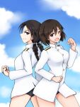  2girls back-to-back black_eyes black_hair blue_sky braid brave_witches breasts brown_eyes brown_hair clenched_hand cloud hair_between_eyes highres isosceles_triangle_(xyzxyzxyz) karibuchi_hikari long_hair looking_at_viewer medium_breasts medium_hair misumi_miya multiple_girls school_swimsuit shirt sky swimsuit thighs twin_braids white_shirt world_witches_series 