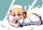  1girl animal blonde_hair blush dress drill_hair fairy fairy_wings frilled_dress frilled_sleeves frills hat kanisawa_yuuki long_hair luna_child open_mouth rabbit red_eyes short_sleeves solo touhou white_dress white_headwear wings 