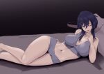  1girl bed black_hair bra breasts commission commissioner_upload fire_emblem fire_emblem:_genealogy_of_the_holy_war fire_emblem_heroes highres larcei_(fire_emblem) lingerie lying on_bed on_side one_eye_closed pillow short_hair short_shorts shorts simple_background smile solo tongue tongue_out underwear vialnite 