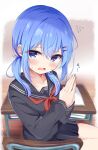  1girl absurdres bangs begging blue_eyes blue_hair blush breasts cleavage desk hair_ornament hairclip highres looking_at_viewer nagomi_yayado open_mouth original own_hands_clasped own_hands_together palms_together red_ribbon ribbon school_desk school_uniform sitting skirt twintails 