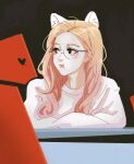  1girl animal_ear_fluff animal_ears animification blonde_hair blush brown_eyes cat_ears cat_girl commentary crossed_arms glasses hair_behind_ear heart k-pop kemonomimi_mode looking_to_the_side portrait pout pt_a_(mhpnnnn) real_life round_eyewear sana_(twice) solo sweater symbol-only_commentary twice_(group) white_sweater 