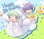  1boy 1girl aqua_hair bangs blue_eyes blue_hair blue_sky bow box cloud ghost ghost_tail gift gift_box green_background green_hair hair_over_eyes happy_birthday holding holding_gift looking_at_viewer open_mouth outdoors polka_dot polka_dot_background purple_hair puyopuyo puyopuyo_fever rei-kun shawl sky smile spring_(object) white_bow xox_xxxxxx yu-chan 