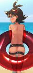  1boy absurdres antenna_hair ass bangs blue_eyes blush chibaqen closed_mouth day goh_(pokemon) highres innertube kneepits looking_at_viewer looking_back male_focus outdoors pokemon pokemon_(anime) pokemon_journeys short_hair solo sweat 