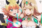  bangs bare_shoulders blonde_hair breasts chest_jewel cleavage cleavage_cutout clothing_cutout dress earrings gem headpiece jewelry kora_(xenoblade) large_breasts long_hair mythra_(xenoblade) rem_sora410 swept_bangs tiara very_long_hair white_dress xenoblade_chronicles_(series) xenoblade_chronicles_2 yellow_eyes 