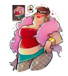 1boy bangle blush bracelet breast_padding breasts brown_hair cleavage crossdressing earrings english_commentary family_guy fat fat_man feather_boa fishnet_pantyhose fishnets green_skirt heart hoop_earrings jewelry looking_at_viewer miniskirt navel pantyhose peter_griffin red_lips skirt solo zukich 