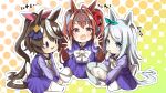  3girls absurdres aged_down ahoge alternate_eye_color alternate_hair_color animal_ears bangs blue_eyes blush_stickers bow bowl bowtie brown_hair commentary_request cream daiwa_scarlet_(umamusume) ear_bow fang female_child finger_in_own_mouth food food_on_face green_bow hair_between_eyes hair_bow hair_intakes high_ponytail highres holding holding_bowl horse_ears horse_girl horse_tail horseshoe_ornament light_brown_hair long_hair long_sleeves looking_at_viewer mejiro_mcqueen_(umamusume) mixing_bowl multicolored_hair multiple_girls open_mouth pink_bow pleated_skirt purple_eyes purple_sailor_collar purple_shirt purple_skirt red_bow red_eyes sailor_collar sailor_shirt school_uniform shiny shiny_hair shirt sidelocks skin_fang skirt solid_oval_eyes streaked_hair tail tasting tiara tokai_teio_(umamusume) tracen_school_uniform twintails umamusume very_long_hair white_bow white_bowtie winter_uniform yunekoko 