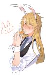  1boy aglovale_(granblue_fantasy) alcohol animal_ears black_vest blonde_hair blush closed_mouth cropped_torso cup drinking_glass fake_animal_ears granblue_fantasy grey_necktie hair_between_eyes highres holding holding_cup long_hair looking_at_viewer male_focus necktie orange_eyes rabbit_ears shirt shot_glass simple_background solo tokikane_mikan upper_body vest white_background white_shirt wrist_cuffs 
