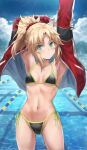  1girl alternate_costume ass_visible_through_thighs bangs bikini blonde_hair blush braid breasts collarbone commentary fate/grand_order fate_(series) french_braid green_eyes hair_ornament hair_scrunchie highres jacket lane_line long_hair looking_at_viewer mordred_(fate) mordred_(fate/apocrypha) navel one-piece_swimsuit paid_reward_available parted_bangs ponytail pool red_scrunchie scrunchie side-tie_bikini_bottom sidelocks small_breasts smile solo swimsuit thighs tonee 