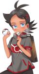  1boy absurdres backpack bag bangs black_hair black_pants blue_eyes blush brown_bag chibaqen closed_mouth commentary eyelashes goh_(pokemon) grey_shirt hands_up highres holding holding_poke_ball male_focus mouth_hold pants poke_ball poke_ball_(basic) pokemon pokemon_(anime) pokemon_journeys shirt short_sleeves solo steam white_background 