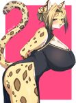 2022 anthro asian_clothing big_breasts blush breasts chinese_clothing chinese_dress cleavage clothed clothing cute_fangs dress east_asian_clothing felid female female_anthro fur green_body hair hands_behind_back hi_res huge_breasts kemono leaning leaning_forward leopard looking_at_viewer mammal multicolored_body multicolored_ears multicolored_fur multicolored_tail nipple_outline pantherine sgsix solo 