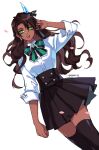  1girl adapted_costume aragami_oga black_ribbon black_skirt black_thighhighs bow bowtie brown_hair collared_shirt curtained_hair dark-skinned_female dark_skin dutch_angle earrings eleven_(erebun) feet_out_of_frame genderswap genderswap_(mtf) green_bow green_bowtie green_eyes hand_up high-waist_skirt highres holostars horn_ornament horn_ribbon horns ice_horns jewelry long_hair looking_at_viewer official_alternate_costume open_mouth petals ribbon sharp_teeth shirt simple_background single_earring single_horn skirt solo teeth thighhighs upper_teeth virtual_youtuber wavy_hair white_background white_shirt 