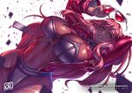  absurdres arms_up bodystocking breasts collar dark-skinned_female dark_skin eyewear_removed goddess_of_victory:_nikke highres jacket large_breasts long_hair looking_at_viewer pantyhose phoebus_art red_hair revealing_clothes shiny shiny_skin sunglasses torn_clothes torn_legwear volume_(nikke) 