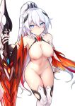  1girl absurdres ass_visible_through_thighs bangs bare_shoulders blue_eyes breasts cape cleavage diamond-shaped_pupils diamond_(shape) earrings elbow_gloves gloves hair_between_eyes hair_ornament highres holding honkai_(series) honkai_impact_3rd jewelry jo_an kiana_kaslana kiana_kaslana_(herrscher_of_the_void) large_breasts long_hair looking_at_viewer navel nipples ponytail pussy solo symbol-shaped_pupils thighhighs very_long_hair white_hair 