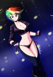  1girl 2020 absurdres angel_(kof) angel_(kof)_(cosplay) bikini bikini_bottom_only blonde_hair blue_hair breasts chaps cleavage clenched_hands cosplay cropped_jacket danmakuman dutch_angle fingerless_gloves gloves green_hair groin highres large_breasts multicolored_hair my_little_pony my_little_pony:_friendship_is_magic my_little_pony_equestria_girls navel orange_hair purple_eyes purple_hair rainbow_dash rainbow_hair raised_eyebrow red_hair short_hair signature solo swimsuit the_king_of_fighters 