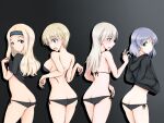  4girls :o aleksandra_i._pokryshkin bare_shoulders bikini bikini_under_clothes black_bikini black_hoodie black_shirt blonde_hair blue_eyes blue_headband blush brave_witches breasts butt_crack commentary_request eila_ilmatar_juutilainen gradient gradient_background green_eyes grey_hair hands_in_pockets headband hood hoodie isosceles_triangle_(xyzxyzxyz) large_breasts long_hair looking_at_viewer lowleg lowleg_bikini medium_breasts medium_hair multiple_girls nikka_edvardine_katajainen open_mouth sanya_v._litvyak shirt side-tie_bikini_bottom sideboob small_breasts strike_witches swimsuit untied_swimsuit world_witches_series 