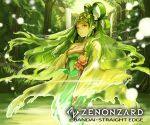  1girl breasts cleavage company_name copyright_name day green_hair green_theme hair_rings hand_up looking_at_viewer muraicchi_(momocchi) outdoors solo standing water waterfall wide_sleeves zenonzard 