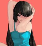  1girl arms_up bangs black_hair blue_camisole blunt_bangs breasts brown_eyes camisole closed_mouth commentary highres koji_(ku_123k) long_hair master_2_(housamo) one_eye_closed pink_background sitting solo tokyo_afterschool_summoners upper_body 