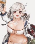  1girl bangs between_breasts bikini black_ribbon blush breasts cleavage cleavage_cutout clothing_cutout eyepatch_bikini flower food food_between_breasts food_on_face fuyono_neru girls&#039;_frontline grey_background hair_flower hair_ornament hair_ribbon holding holding_food ice_cream ice_cream_cone jacket large_breasts long_sleeves looking_at_viewer open_clothes open_jacket open_mouth red_eyes ribbon short_twintails simple_background solo spas-12_(girls&#039;_frontline) spas-12_(midsummer_fruit)_(girls&#039;_frontline) strapless strapless_bikini swimsuit twintails white_background white_bikini white_flower 