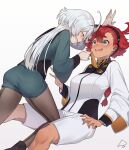  2girls absurdres ahoge ass asticassia_school_uniform blush eye_contact green_eyes grey_eyes gundam gundam_suisei_no_majo hairband highres leg_between_thighs long_hair looking_at_another miorine_rembran multiple_girls naughty_face necktie necktie_grab neckwear_grab open_mouth ponytail radjeong red_hair school_uniform shorts signature simple_background suletta_mercury sweat wavy_mouth white_background white_hair yuri 