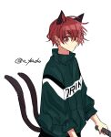  1boy adapted_costume animal_ears artist_name cat_ears cat_tail extra_ears genderswap genderswap_(ftm) highres kaenbyou_rin male_focus multiple_tails nekomata pointy_ears red_eyes red_hair short_hair solo tail touhou two_tails white_background yadoyuki 
