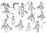  boots concept_art full_body hat high_heel_boots high_heels highres hilda_(stella_glow) holding holding_scythe ideolo long_hair scythe stella_glow thighhighs very_long_hair white_hair witch_hat yellow_eyes 