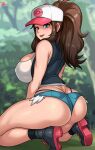  1girl absurdres ass baseball_cap black_footwear black_vest blue_eyes blue_shorts breasts brown_hair covered_nipples curly_hair denim denim_shorts exposed_pocket from_behind hat high_ponytail highres hilda_(pokemon) jmg kneeling large_breasts long_hair looking_at_viewer looking_to_the_side micro_shorts pokemon shirt shoes shorts sidelocks solo thighs vest white_headwear white_shirt 