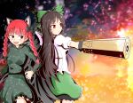  2girls :3 :d animal_ears arm_cannon black_hair bow braid cape cat_ears fire green_bow green_skirt hair_bow high_contrast highres kaenbyou_rin long_hair looking_to_the_side multiple_girls red_eyes red_hair reiuji_utsuho rozugadena skirt smile third_eye touhou twin_braids weapon white_cape wings 